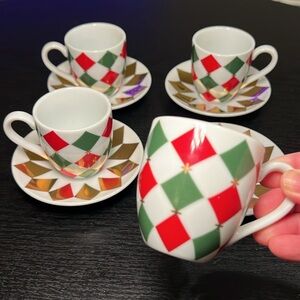 Christmas Williams-Sonoma HARLEQUIN Demitasse Espresso Cups Saucers Red Green